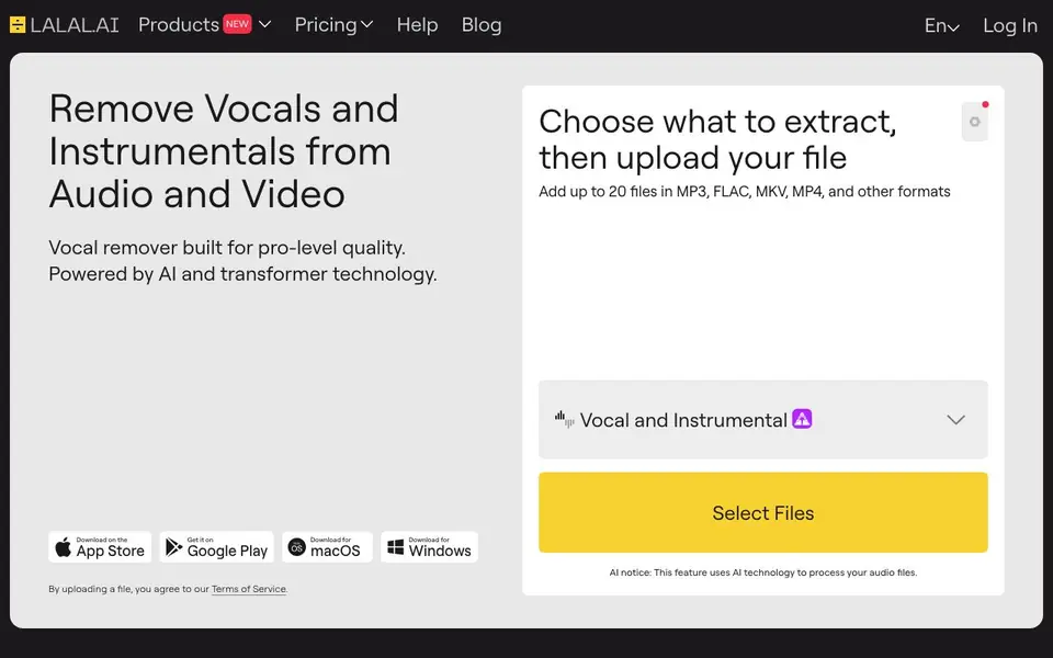LALAL.AI homepage screenshot