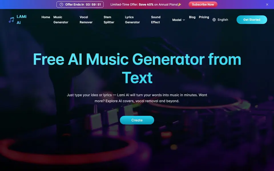 Lami.ai: Free AI Music Generator from Text homepage screenshot