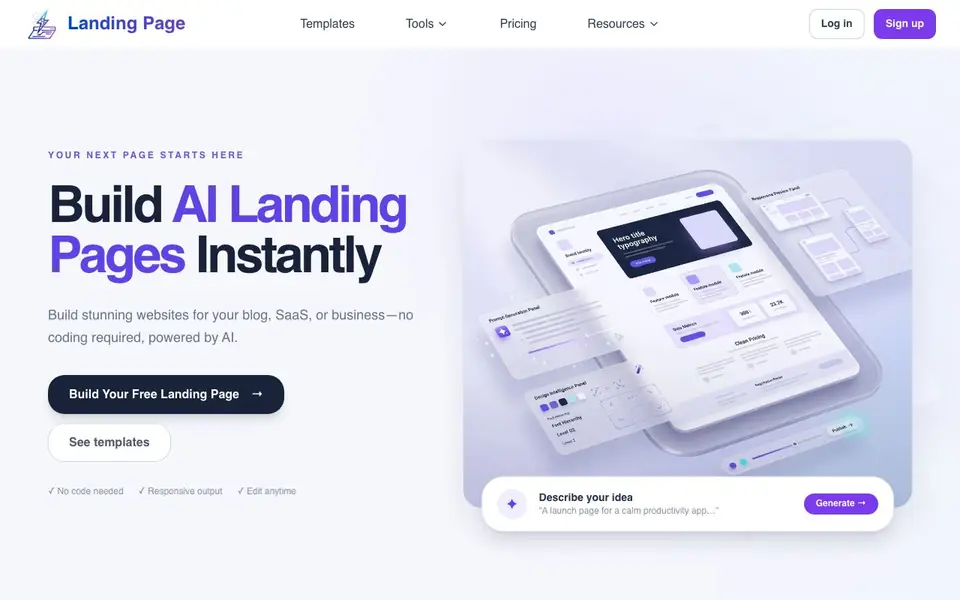 LandingPage AI homepage screenshot