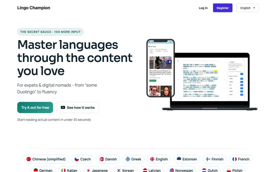 Lingo Champion homepage screenshot