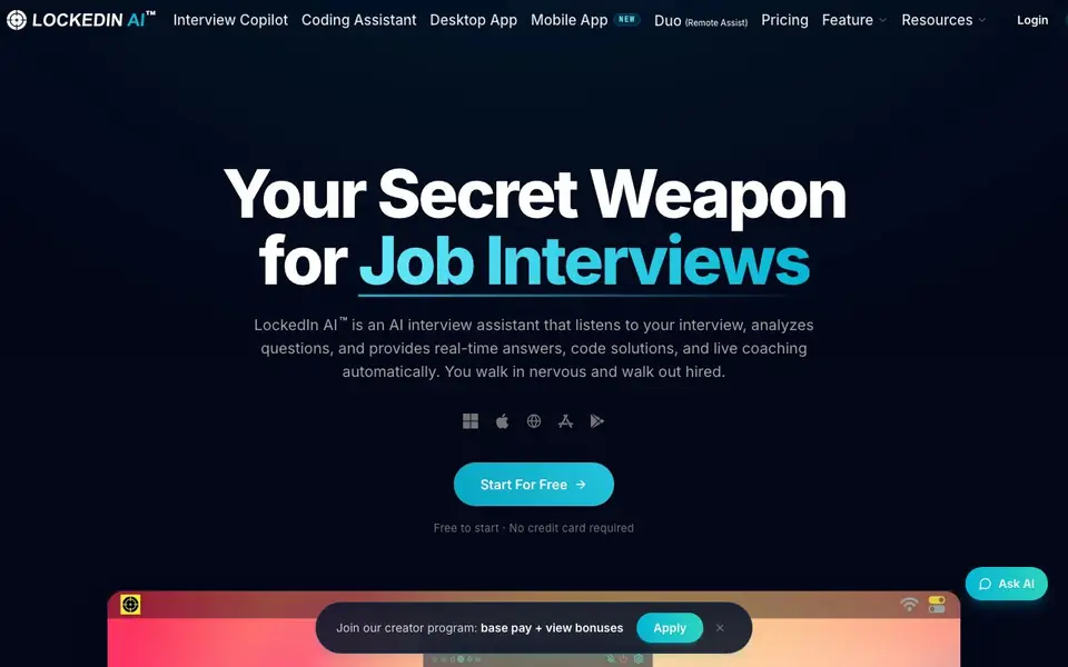 LockedIn AI homepage screenshot