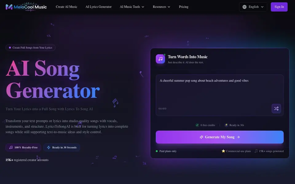 LyricsToSongAI homepage screenshot