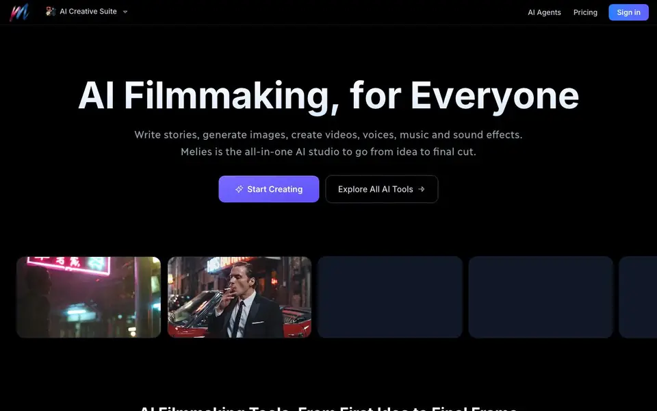 Melies AI homepage screenshot