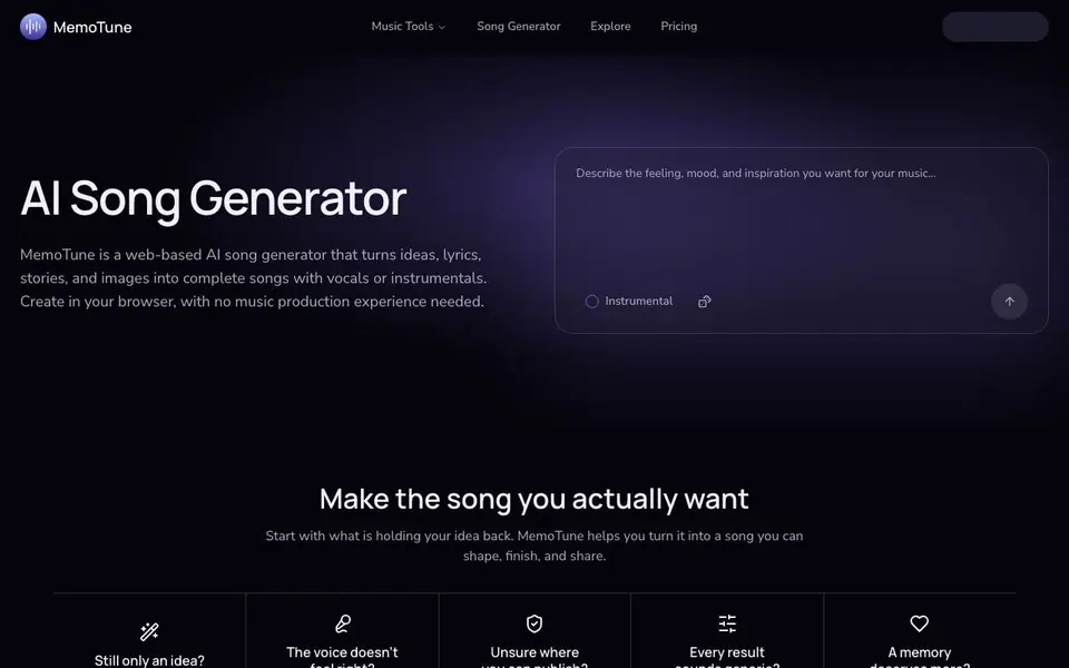 MemoTune homepage screenshot