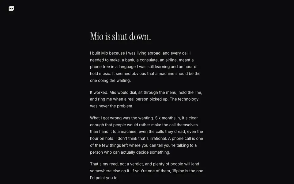 Mio – Your AI Phone Assistant homepage screenshot