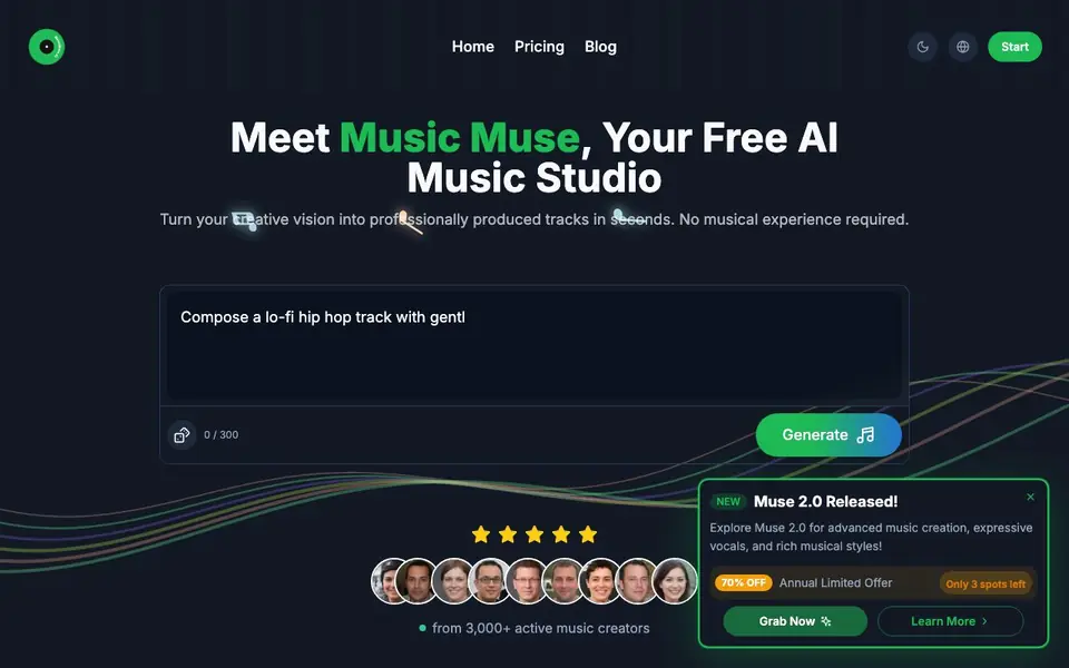 Music Muse AI homepage screenshot