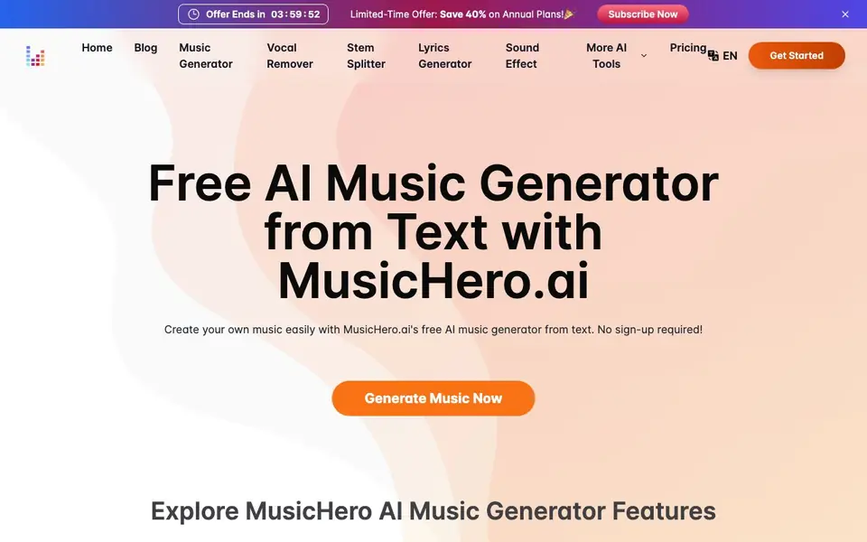 MusicHero.ai homepage screenshot