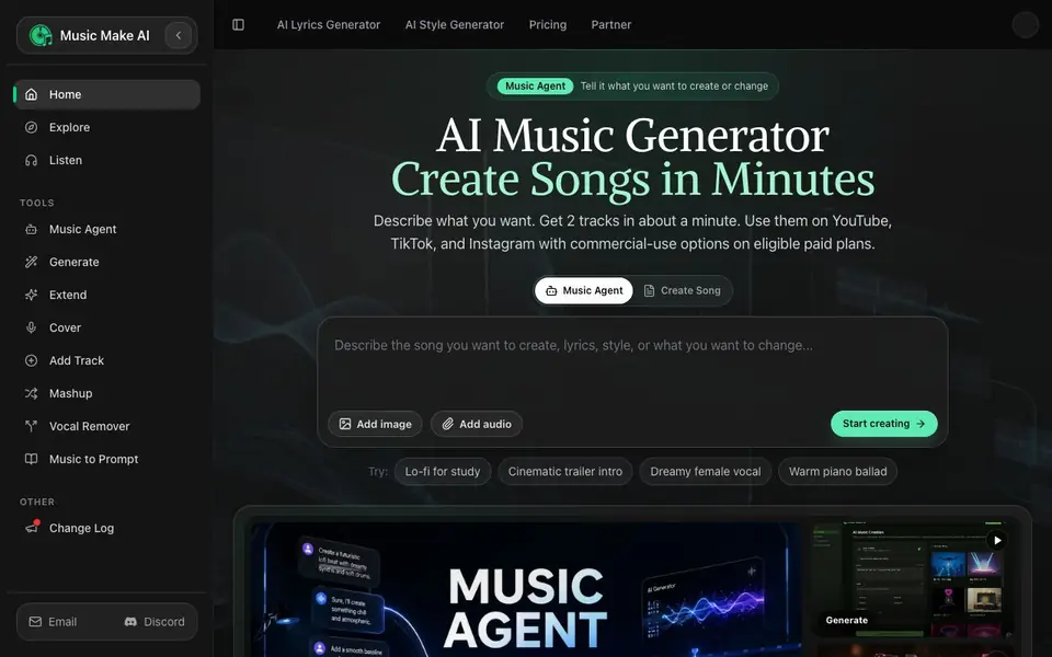 MusicMake.ai homepage screenshot
