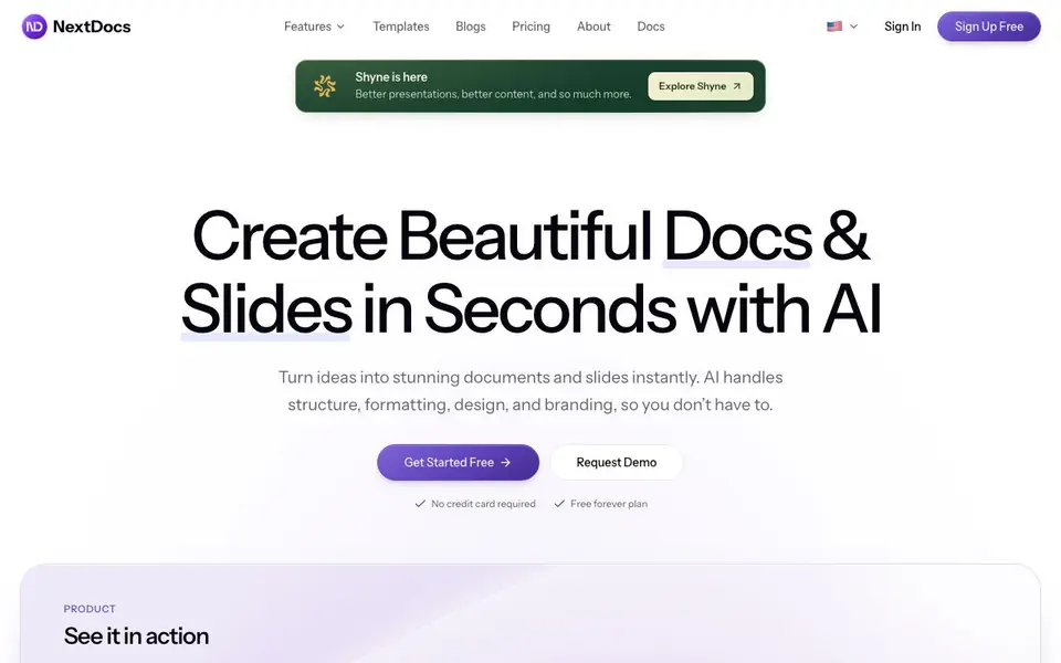 NextDocs homepage screenshot