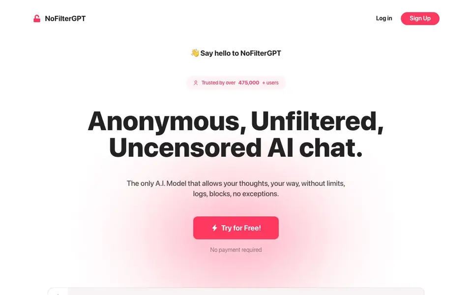 NoFilterGPT homepage screenshot