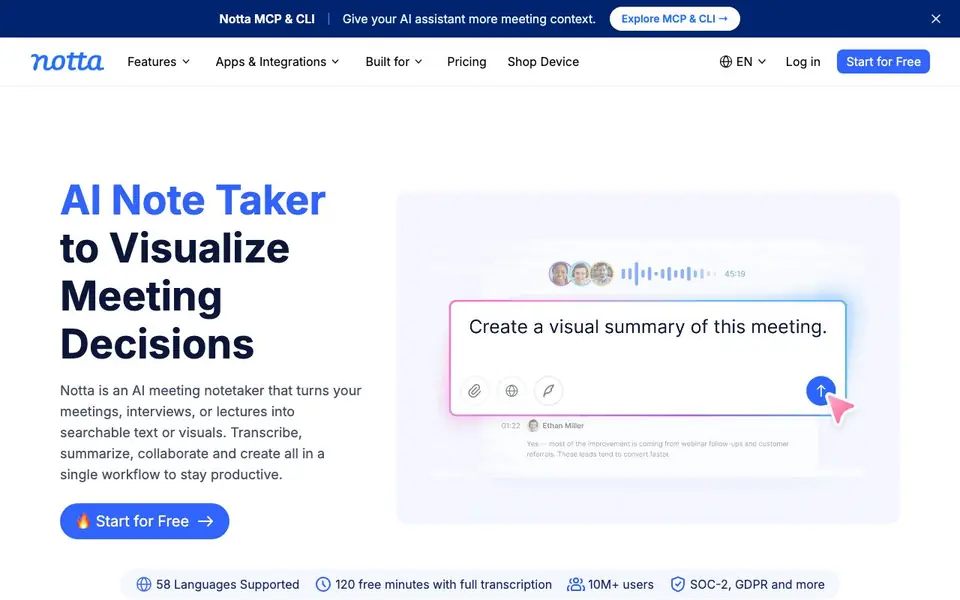 Notta homepage screenshot
