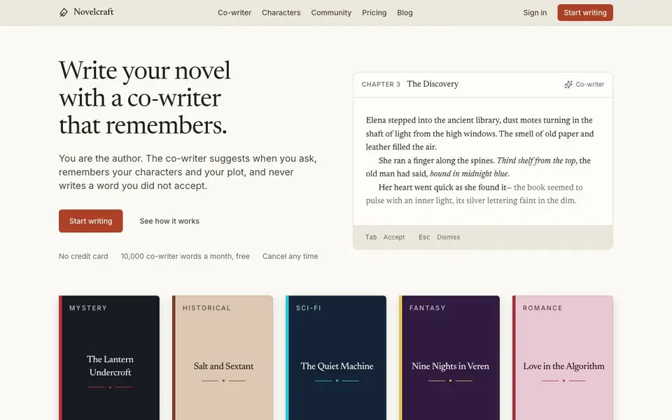 NovelCraft homepage screenshot
