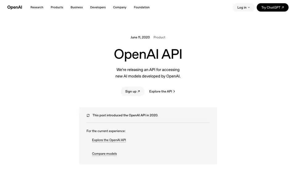 OpenAI API homepage screenshot