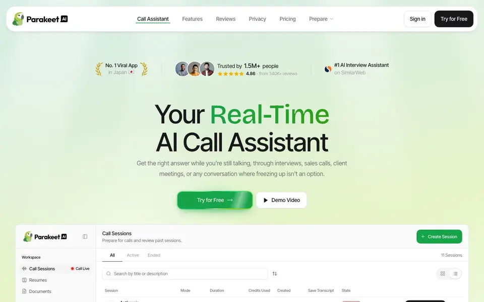 ParakeetAI homepage screenshot