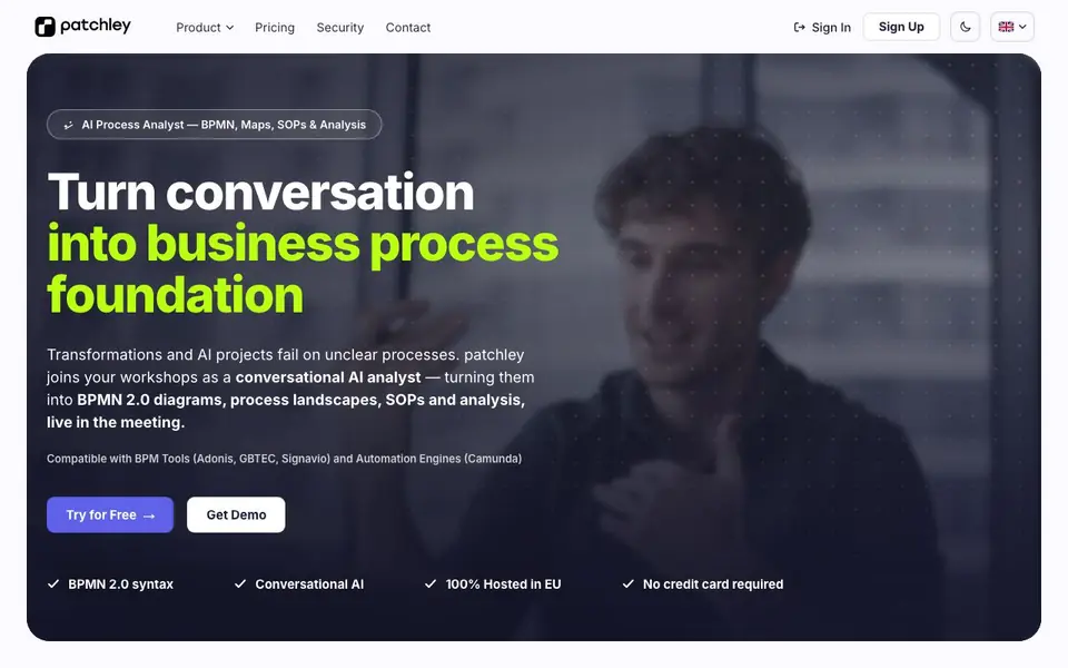 patchley | BPMN AI Generator homepage screenshot