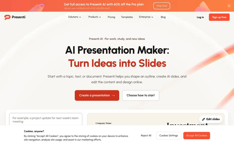 Presenti AI homepage screenshot