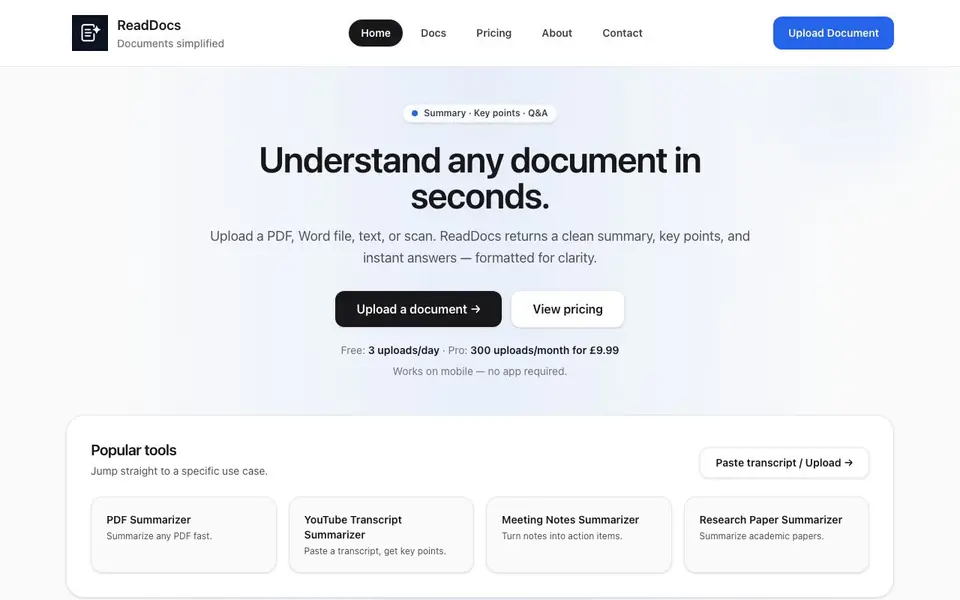 ReadDocs homepage screenshot
