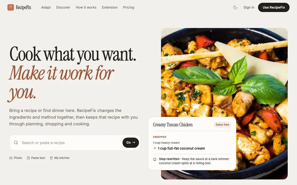 RecipeFix homepage screenshot