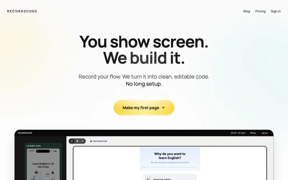 Record2Code homepage screenshot