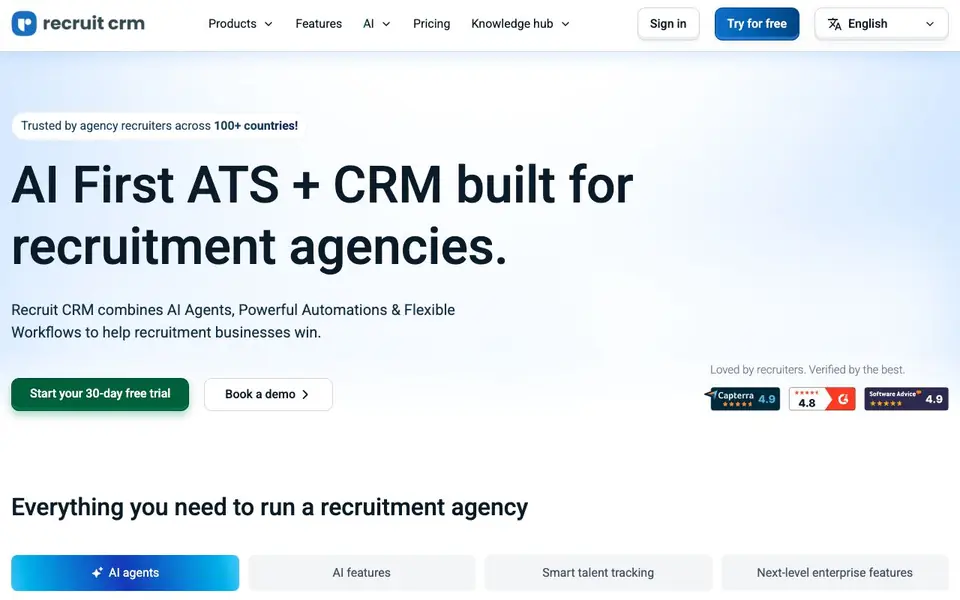 Recruit CRM homepage screenshot