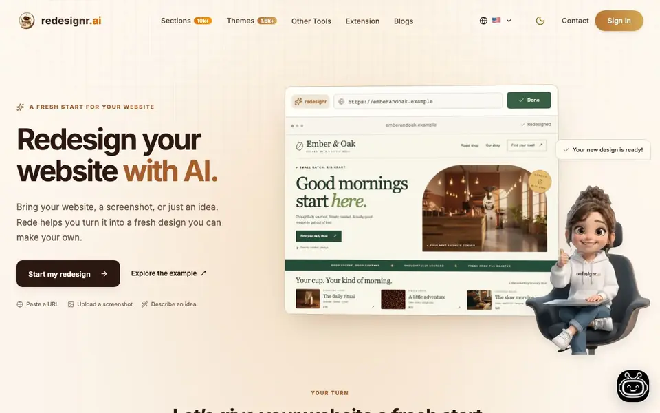 Redesignr Ai - landing page builder and website redesign homepage screenshot