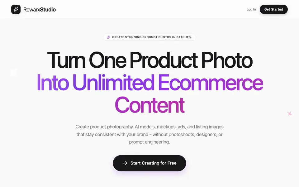 Rewarx Studio - AI Product Photography & Virtual Studio homepage screenshot