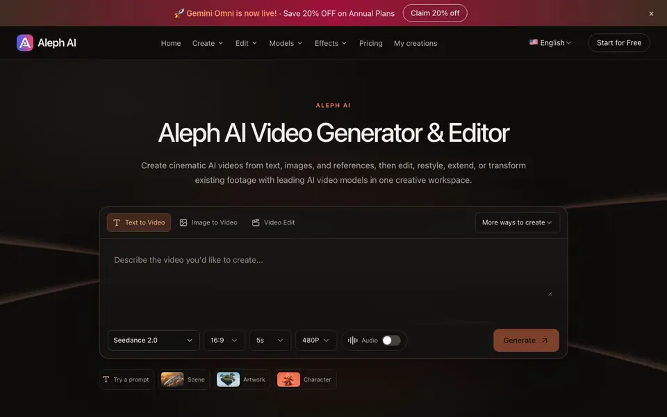 Runway Aleph AI homepage screenshot