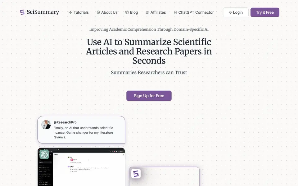 SciSummary homepage screenshot