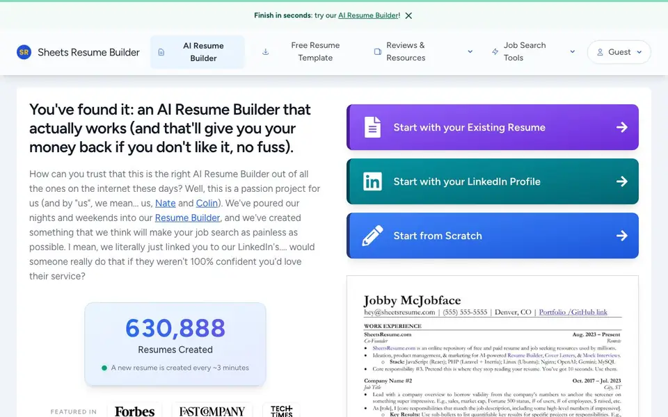 Sheets Resume homepage screenshot