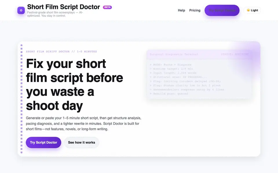 Short Film Script Doctor homepage screenshot