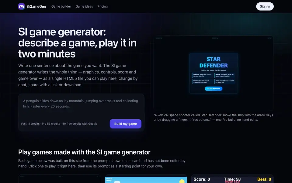 SiGameGen homepage screenshot