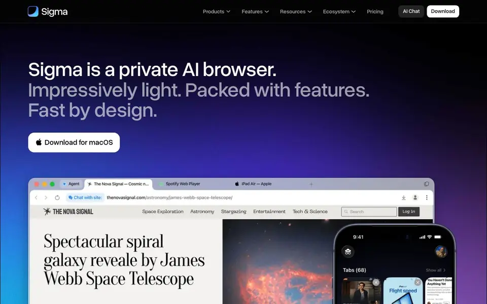 Sigma AI Browser homepage screenshot