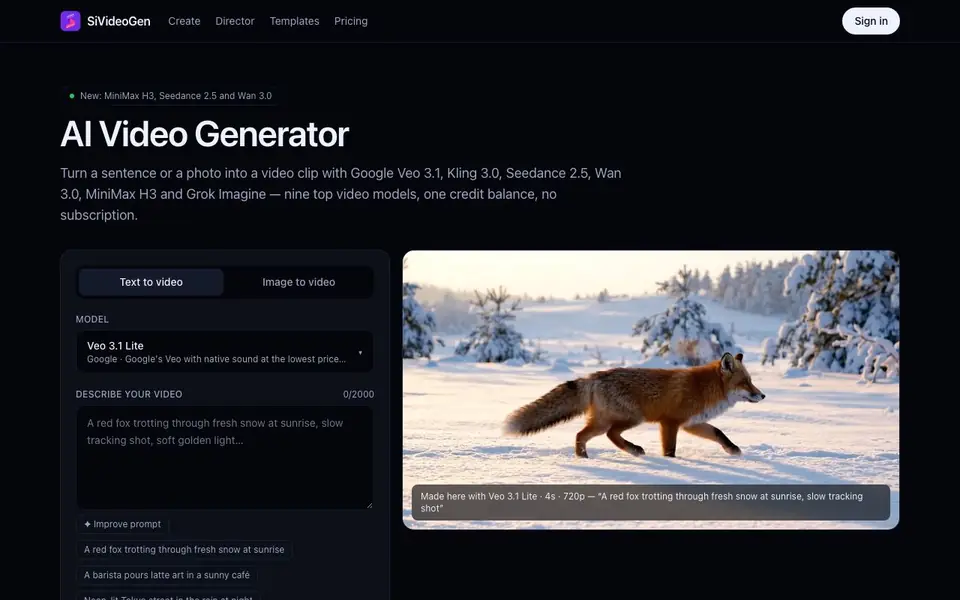 SiVideoGen homepage screenshot