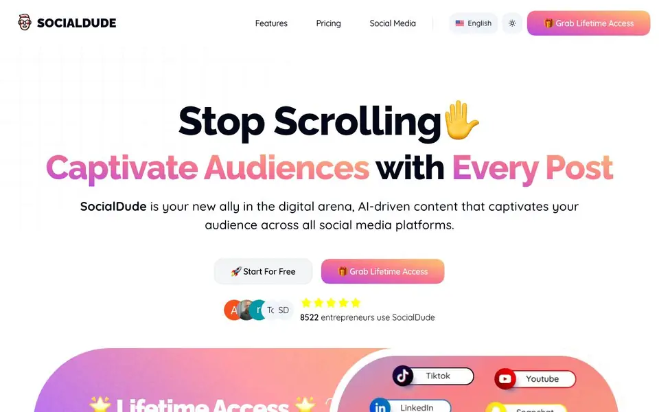 SocialDude homepage screenshot