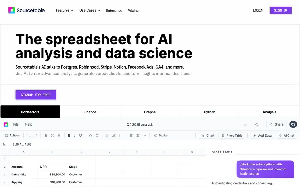 Sourcetable homepage screenshot