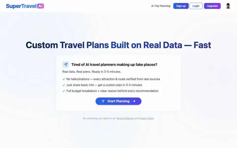 SuperTravel AI Trip Planner homepage screenshot