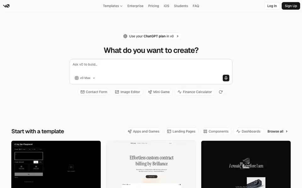 v0 homepage screenshot