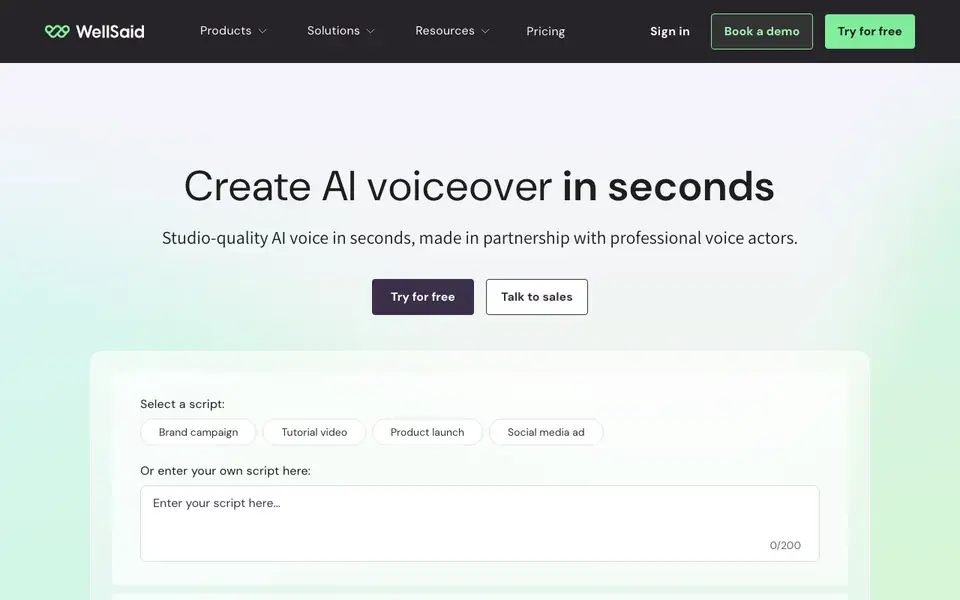 WellSaid Labs homepage screenshot